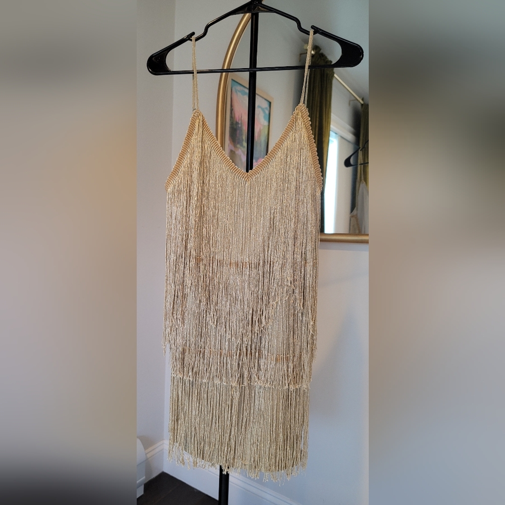 Fashion Nova Gold Fringe Mini Dress, Size XL